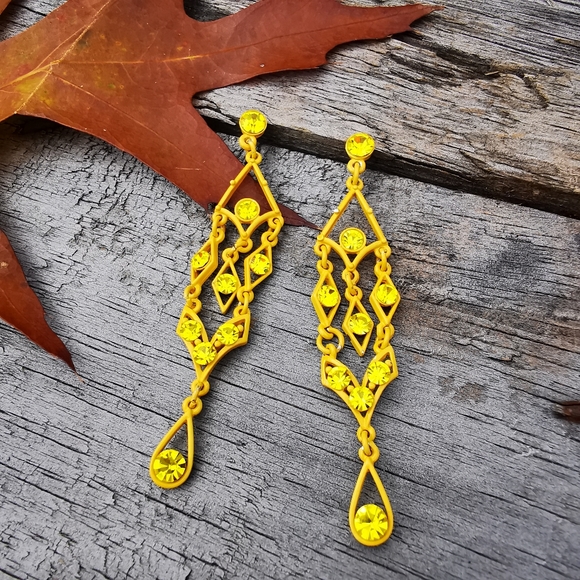 Yellow Painted Metal Chandelier Post Earrings with Yellow Rhinestones - Picture 3 of 13
